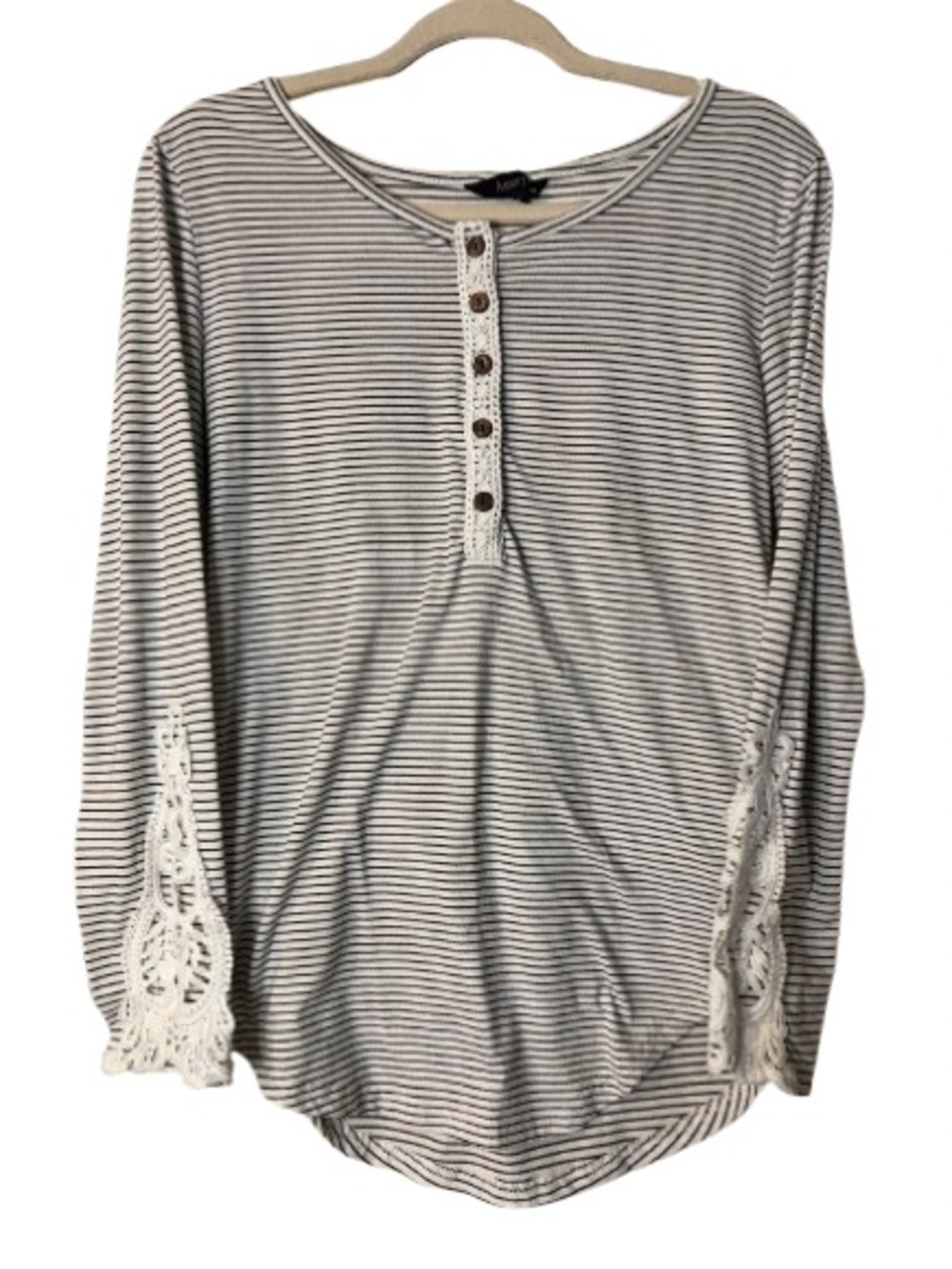 Amaryllis Black and White Striped Lace-Trim Henley Long Sleeve